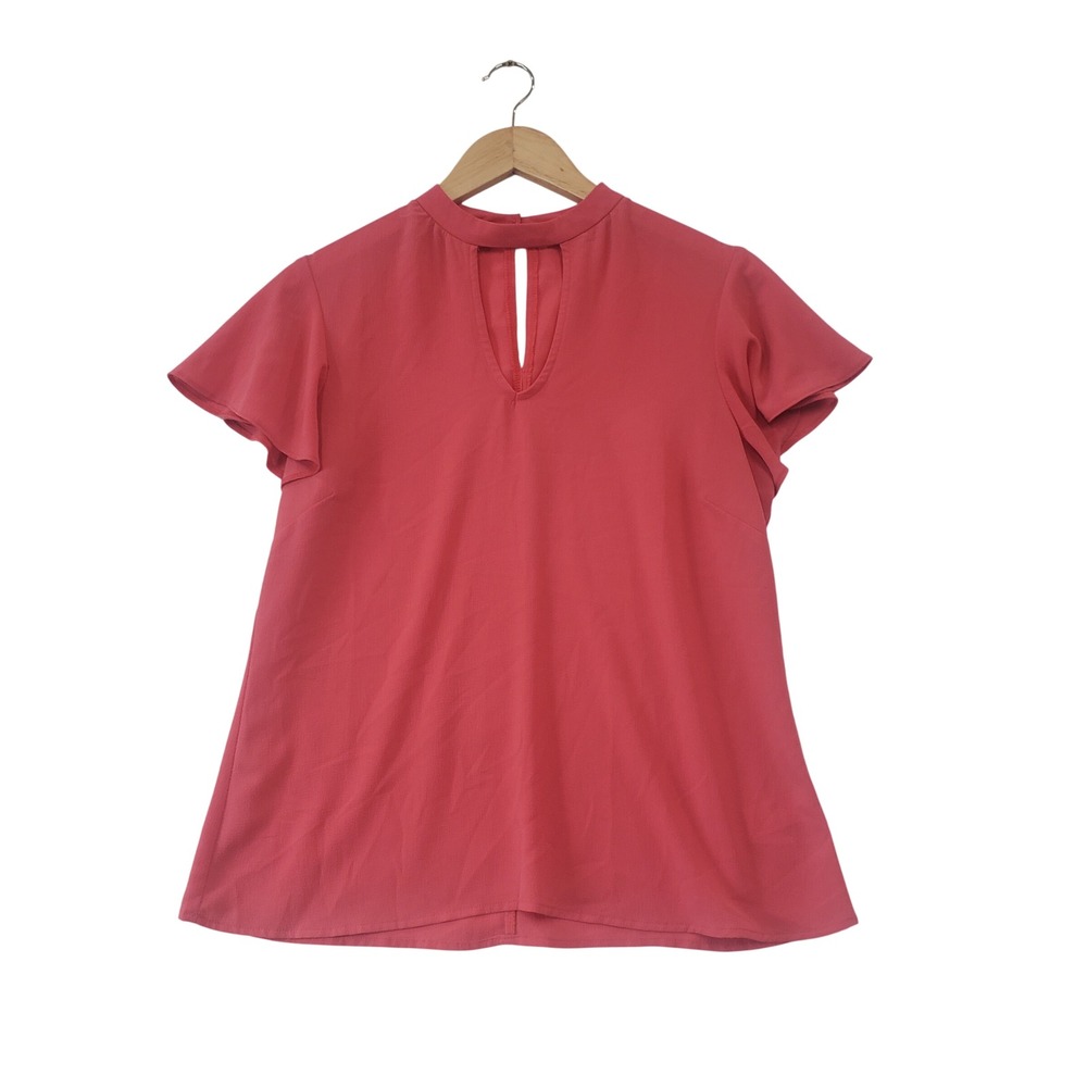 Maurices Blouse Womens Medium Coral‎ Pink Keyhole Mock Neck Flutter Sleeve Top